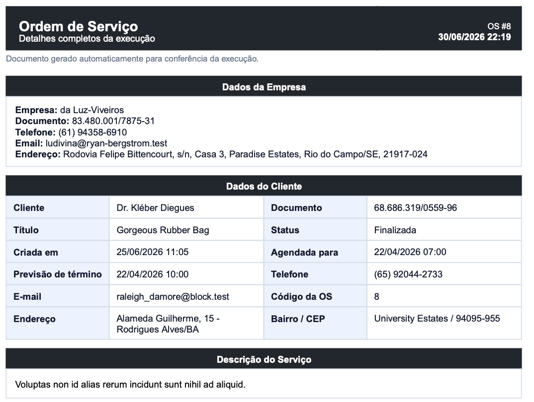 Tela de ordem de serviço do CatalystOps com dados do atendimento