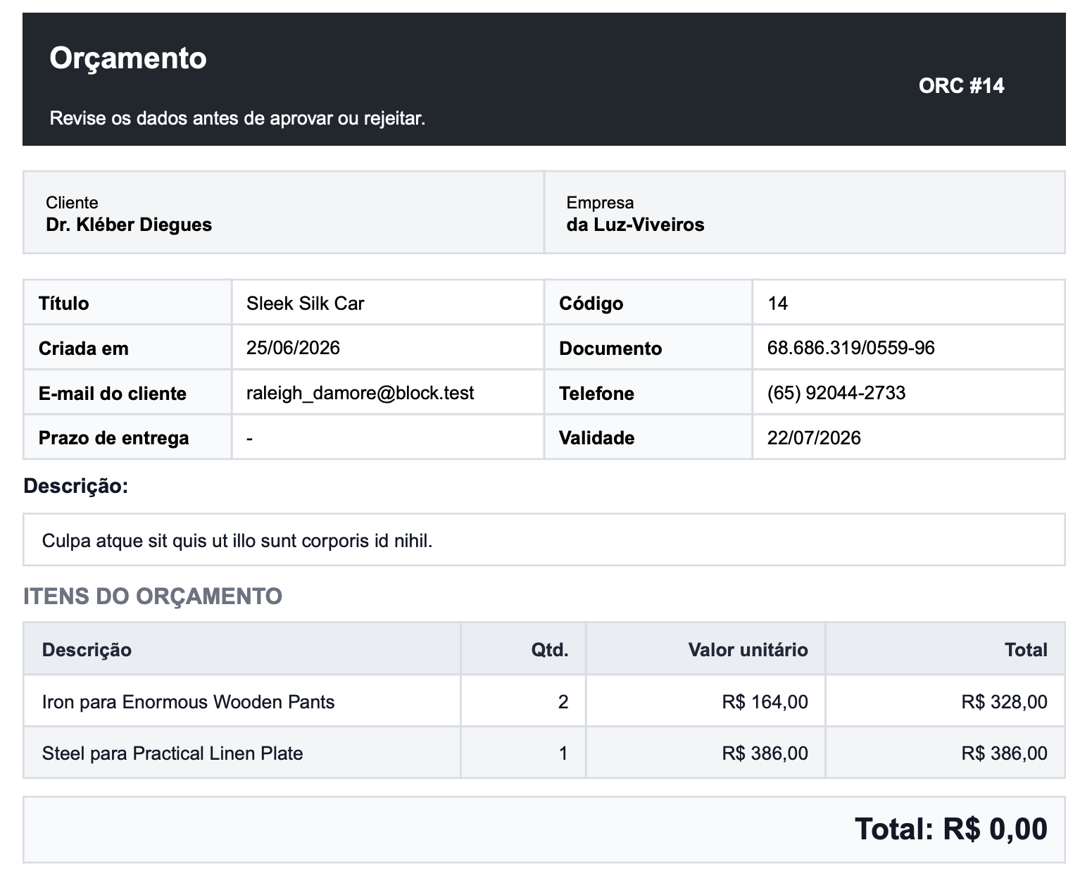 Tela de proposta para cliente aprovar online no CatalystOps